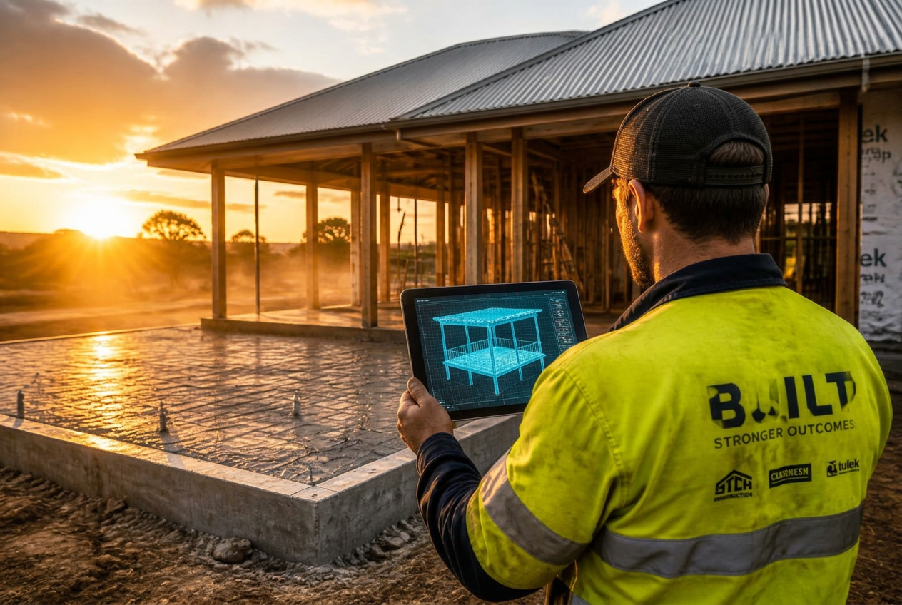 Construction site at golden hour with a contractor viewing a 3D building model on a tablet